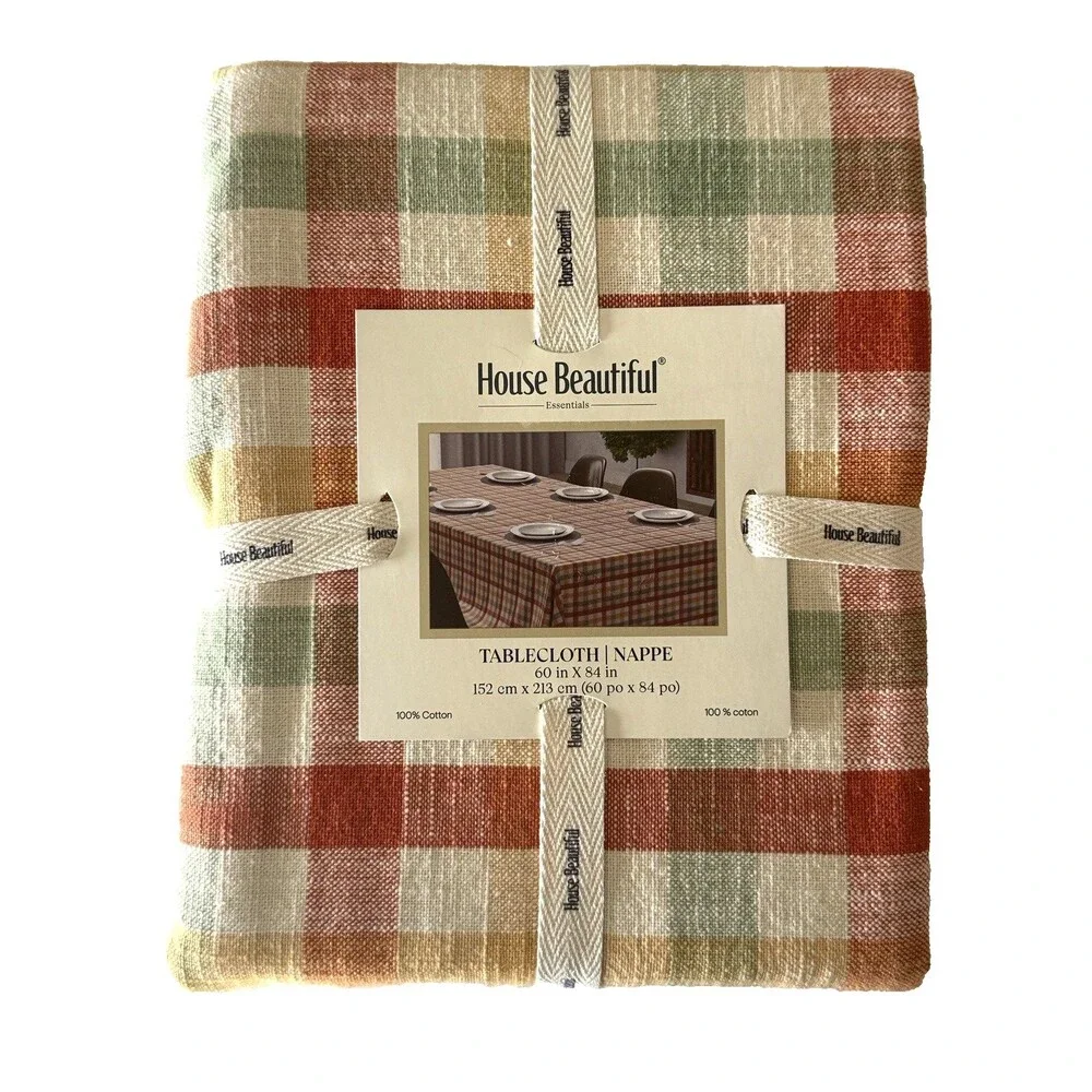 House Beautiful Tablecloth 60x84” Plaid Thanksgiving Autumn Fall 100% Cotton